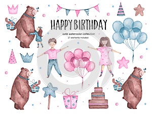 Set of watercolor happy birthday elements bear hugs balloons girl boy