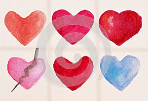 Set of watercolor hearts art drawing