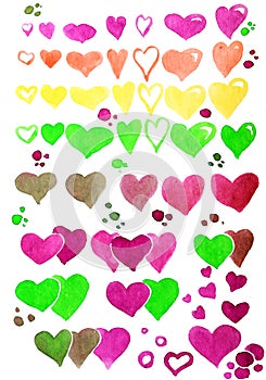 Set of watercolor hearts in different colors
