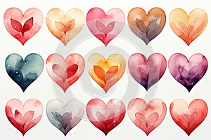 Set of watercolor hearts in different colors on white background. Hand drawn illustration Generative AI Generative AI