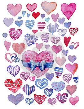 Set of watercolor hearts. Hand-drawn various hearts isolated on white background. Wedding or Valentine. Heart with bow