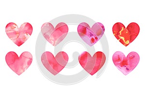 Set of watercolor hearts. Hand-drawn various red pink orange hearts isolated on white background. Wedding or Valentine s