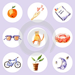 Set of watercolor icons. Hand painted trendy illustrations isolated on white circles. Collection of signs perfect for blogger