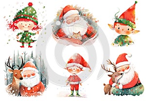 Set of watercolor illustration with Santa Clauses, elfs and deers. Watercolor illustration. Generative AI