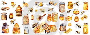 Set Of Watercolor Illustrations Of Bees And Honey Isolated On A White Background