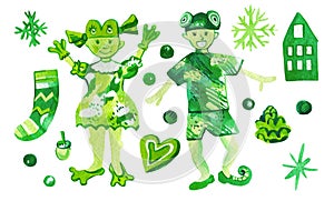 Set of watercolor illustrations for Christmas and New Year in lime green color.Collection of holiday pictures