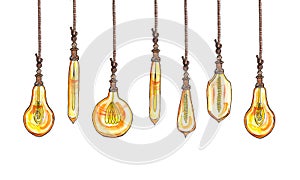 A set of watercolor illustrations of different types of light bulbs in the loft style, Edison lamps, on ropes, interiors