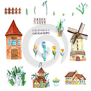 Set of watercolor illustrations with houses, towers, mills, plants, snowdrops, tulips, leaves.