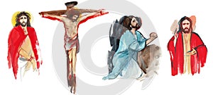 Set of watercolor illustrations of Jesus Christ in prayer, Christ on the cross, Jesus in the crown of thorns, Christ blesses.