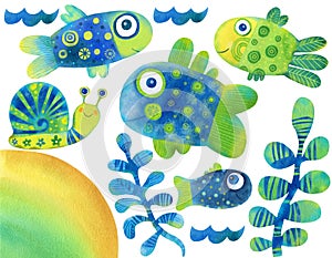 Set of watercolor illustrations.  over white background. Cute fishes, funny snail, seaweed, sand, and waves.