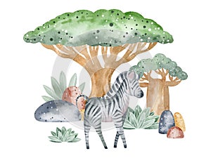 Set of watercolor illustrations of savannah animals in nature.