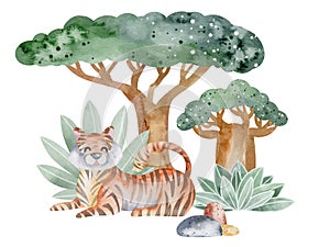 Set of watercolor illustrations of savannah animals in nature.
