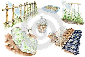 Set of watercolor illustrations of spring sowing work. Hand drawn watercolor painting of greenhouse, garden, vertical beds and