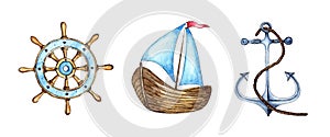Set of watercolor illustrations of steering wheel, sailboat, anchor.