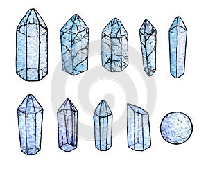 Set of watercolor and ink hand painted blue gems and crystals isolated