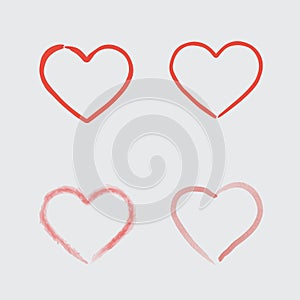 Set of watercolor and ink vector hearts isolated on white background. Hand drawn hearts painted with brush. Grunge