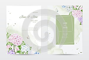 Set of watercolor invitation cards with colorful hydrangea flowers