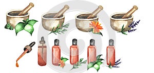 Set of watercolor jars for essential oil and mortal with flowers. Jars with levender, mint, rosemary, gerbera painted in