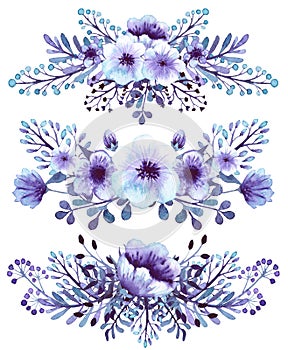 Set Of Watercolor Light Blue And Violet Flowers Bouquets