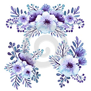 Set Of Watercolor Light Violet Flowers Bouquets