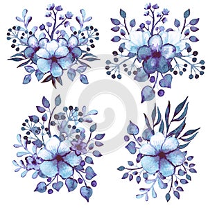 Set Of Watercolor Little Bouquets With Blue And Purple Flowers, :eaves and Berries