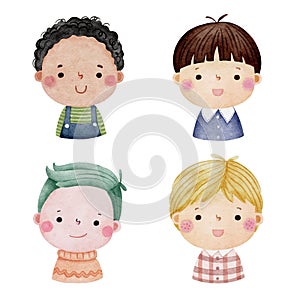 Set of watercolor little boy faces, avatars, kid heads different nationality set 1 photo