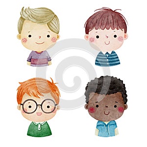 Set of watercolor little boy faces, avatars, kid heads different nationality set 2