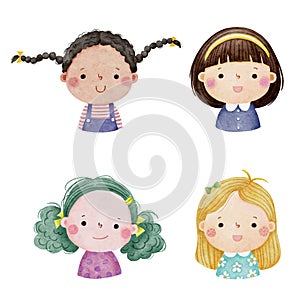 Set of watercolor little girl faces, avatars, kid heads different nationality set 1 photo