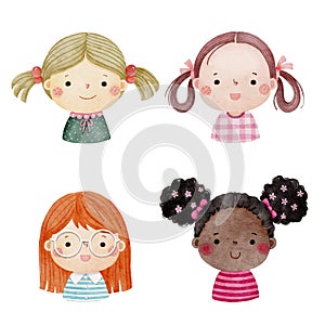 Set of watercolor little girl faces, avatars, kid heads different nationality set 2 photo