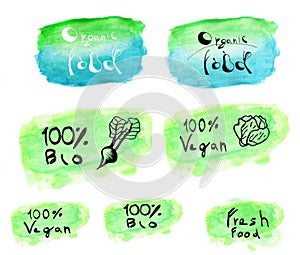 Set of watercolor logo. Vegan.