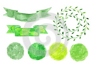 Set of watercolor logotypes. Green spots, labels, badges, leaves
