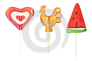 Set of watercolor lollipops isolated on white background