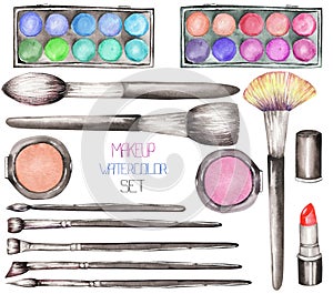 A set with the watercolor makeup tools: blusher, eyeshadow, lipstick and makeup brushes