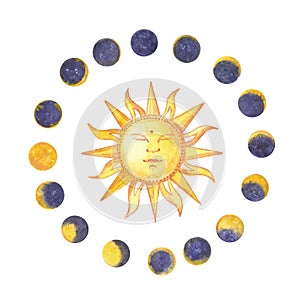 Set of watercolor moon phases and sun. Trendy hipster logotypes. Isolated on white background.