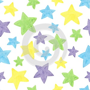 A set of watercolor multicolored stars on a white background in a seamless pattern, hand-drawn.