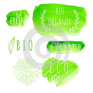 Set of watercolor organic food labels. Eco product