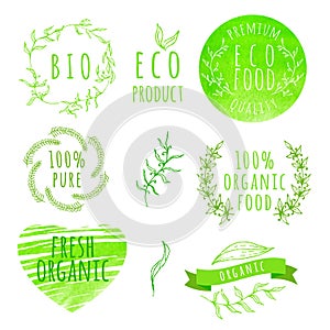 Set of watercolor organic food labels. Eco product