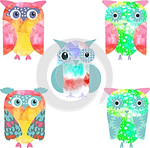 Set of watercolor owls. Mixed media background in vector
