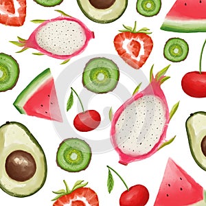 Set of watercolor painted fruits. Strawberry, Watermelon, Cherry, Avocado, Dragon fruit, Kiwi. Hand drawn isolated on white