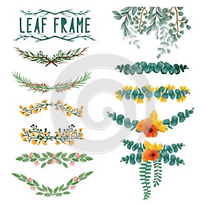 Set of watercolor painted Leaf Frame, Green leaves clipart. Hand drawn isolated on white background. photo