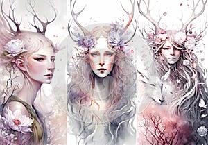 Set of watercolor painting, portrait of beautiful druid or elf girl with long hair and deer horns. Fantasy illustration