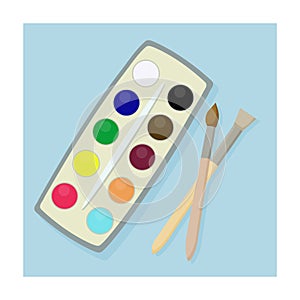 Set of watercolor paints and brushes for painting and creative work. design elements of the school