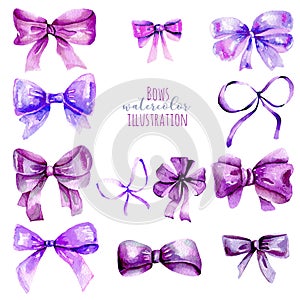 Set of watercolor pink bowsSet of watercolor purple bows