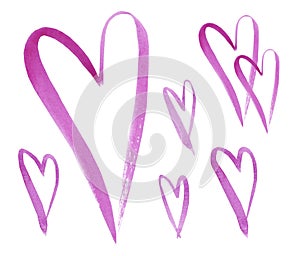 Set of watercolor pink hearts isolated on white background.