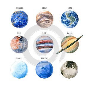 Set of watercolor planets. Hand drawn illustration is isolated on white