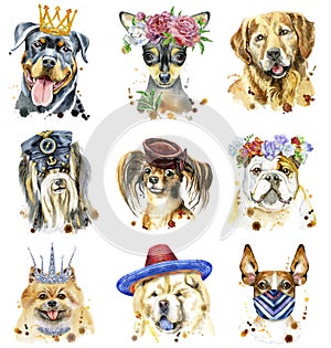 Set of watercolor portraits of dogs for decoration