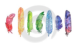 Set of watercolor rainbow feathers