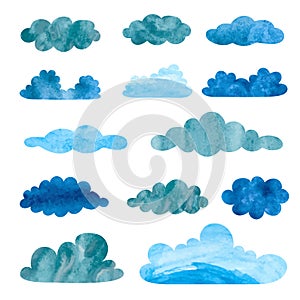 Set of watercolor rainy clouds.