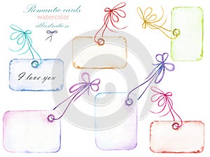 Set of watercolor romantic paper vintage cards with the bows, hand drawn isolated on a white background