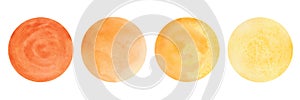 Set of watercolor round spots in orange and yellow color isolated on white background. Drawn by hand.